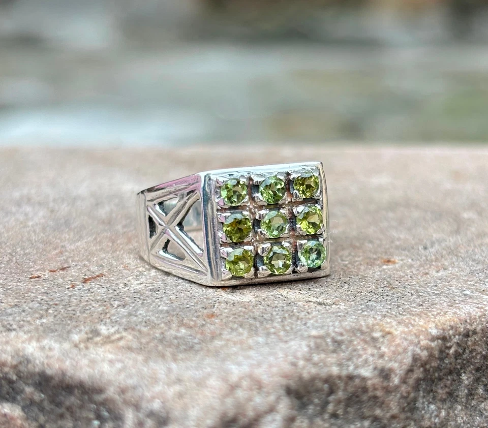 Peridot Square Cluster Ring 925 Sterling Silver Handmade Gemstone Jewelry Gift - Image 4 of 4