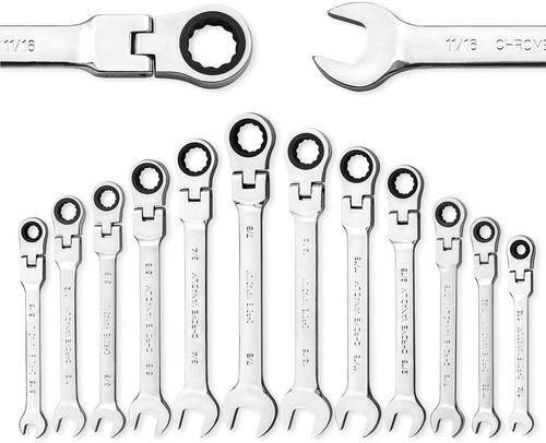 12-Piece SAE Flex-Head Ratcheting Wrench Set, Professional Chrome Vanadium Steel