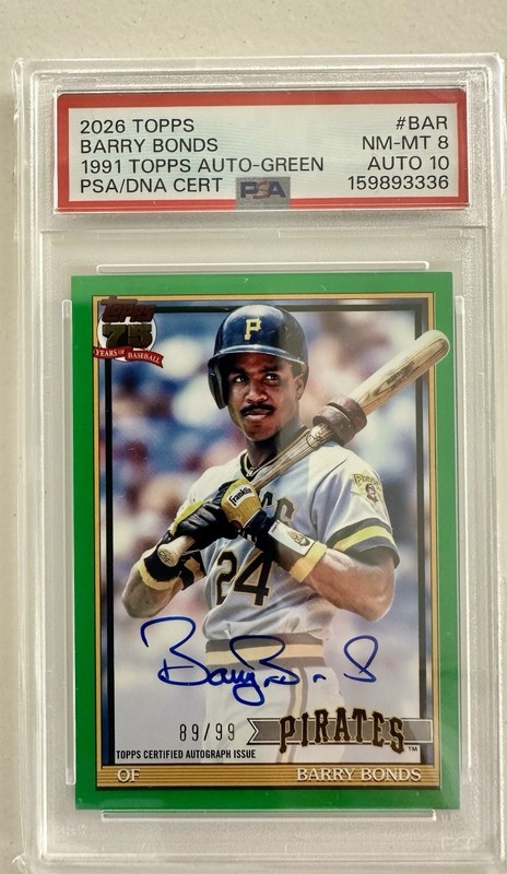 Barry Bonds-1991 Topps Auto ON CARD Green /99 PSA 8/10 Auto -NO 9/10 population