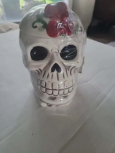 Skull Head w/Roses on Lid In Skeleton Hand Cookie Jar New! By Gea