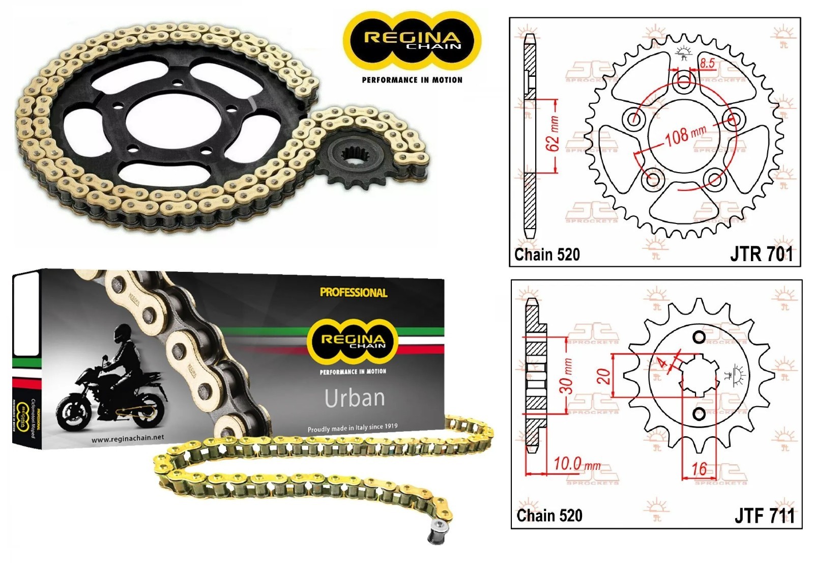 Kit chaine dore Regina JT 520 pour restaurer votre Cagiva Mito 125 Ev Evolution 1995-1999