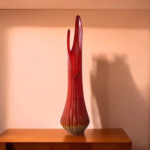 Vintage MCM LE Smith Bittersweet Orange Swung Ribbed Art Glass Floor Vase 26”