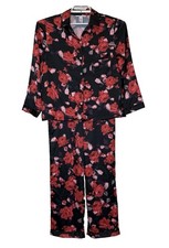 Victoria's Secret 2 Pc Pajama Set Womens Sz M Black Red Silky Satin Floral Print