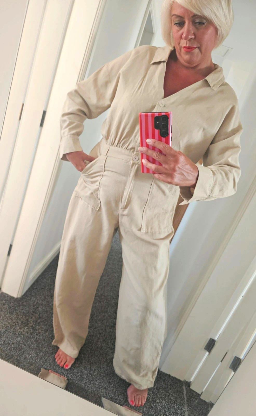 Zara Beige Linen Cotton Collared Long Sleeve Jumpsuit Pockets Elastic XL