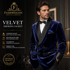 Men's Luxury Blue Velvet Smoking Jacket Quilted Lapel Dinner Party Tuxedo Blazer
