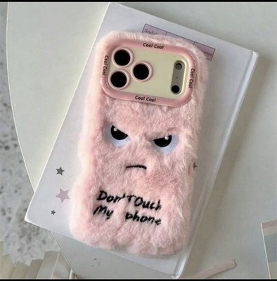 iPhone 16 Fluffy Pink Case Funny Cartoon Angry Furry Plush Cute Y2K Cover