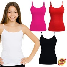 Girls Vest Top Plain Stretch Sleeveless Strappy Dance Cami Tank Top UK Size 5-13