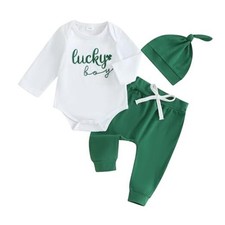 Easter Baby Boy Outfit Newborn Long 6-12 Months P Lucky Boy Embroidered Green