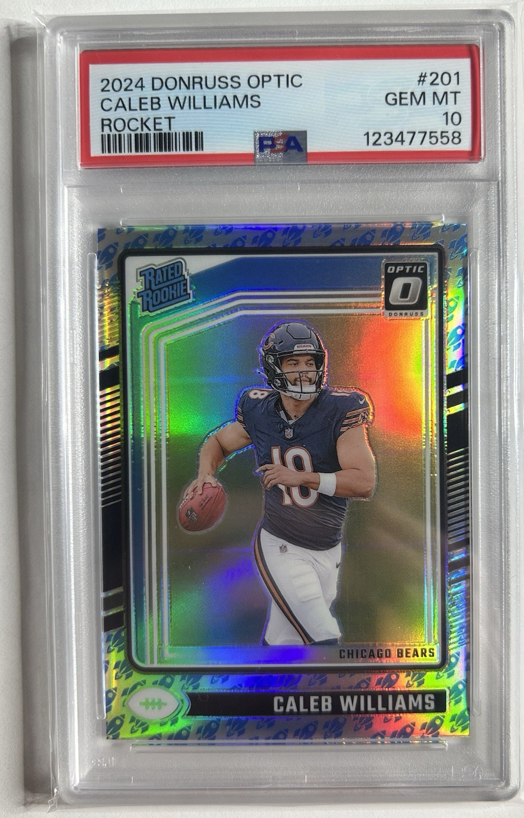 🔥 2024 DONRUSS OPTIC CALEB WILLIAMS #201 ROCKET EMOJI PRIZM ROOKIE SSP PSA 10
