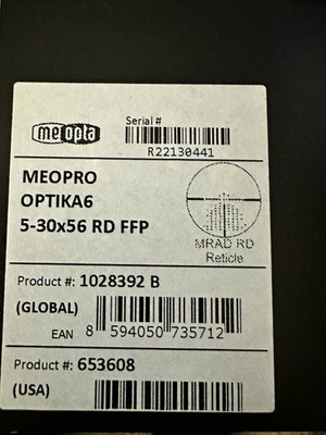 Meopta MeoPro Optika6 5-30x56 FFP Rifle Scope MRAD RD Illuminated Black