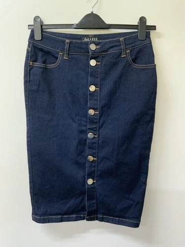 Lipsy London Ladies Blue Denim Jean Skirt Button Front Size 12 Stretchy