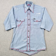 Vintage 70s Wrangler Western Chambray Shirt Blue Paint Splatter Size S 14-14.5