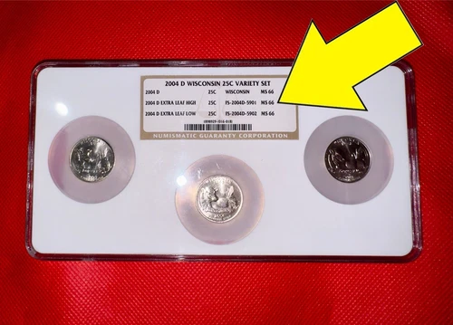 2004-D Clad Wisconsin State Quarters Extra Leaf Variety Set NGC MS 66