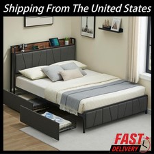 win Size Bed Frame with 2 Storage Drawers and Charging Station Upholstered