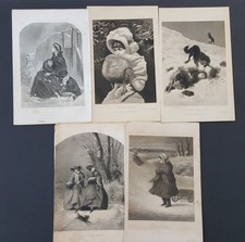 LOT 1800s antique 5pc WINTER CHILDREN SLID ENGRAVINGS art victorian fashion 