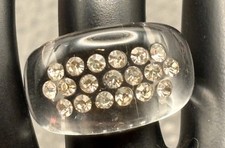 Vintage 80s Clear Lucite Dome Ring Clear Crystal Rhinestone Size 8
