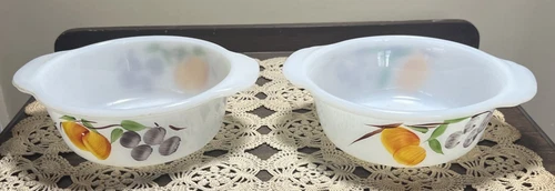 Vtg Anchor Hocking Gay Fad Fruits 1 pt Round Casserole Dish Set Of 2
