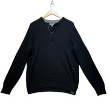 Eddie Bauer Mens Henley Sweater L Black Pullover Knit Casual Travel Classic