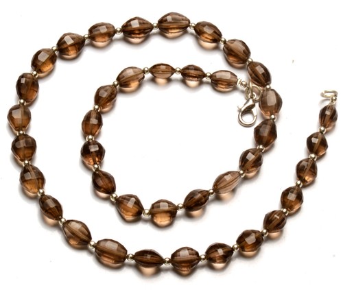 Natural Smoky Quartz Gemstone 8 to 11 mm Faceted Nugget Shape Beads 17" Necklace - Picture 2 of 11