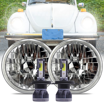 7''Inch Round Headlights w/Glass Lens H4 Bulb, Reinforced Reflector For VW Beetle