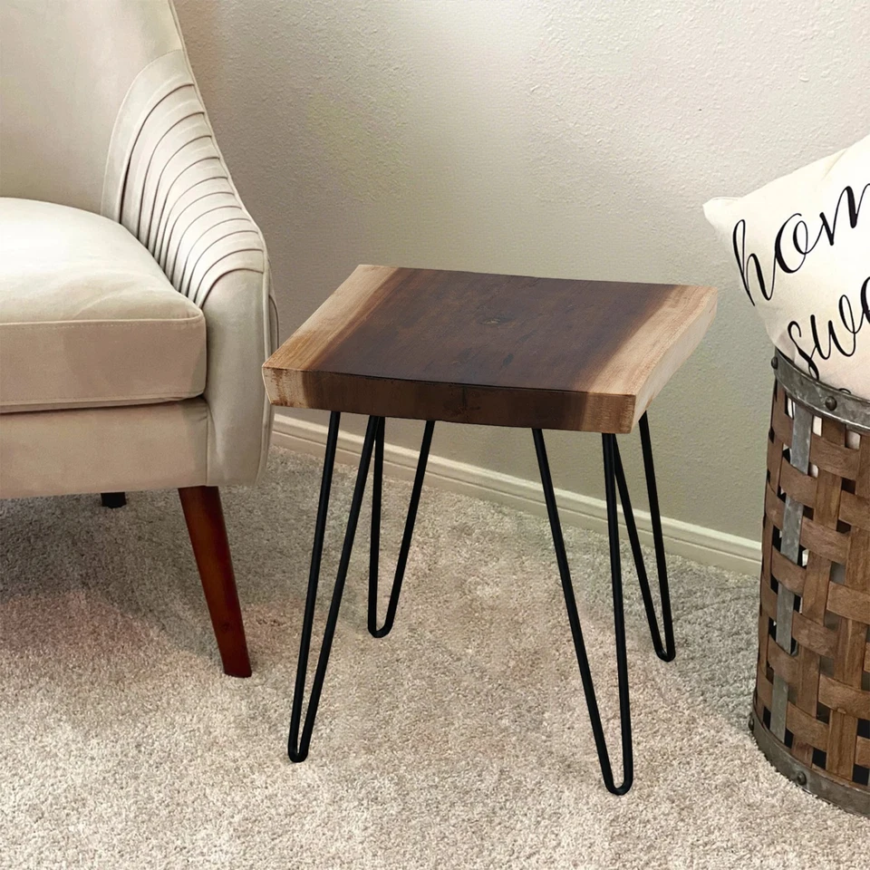 Natural Teak Wood Square End Side Table with Hairpin Legs 20.9" H Home Decor - Image 2 of 4