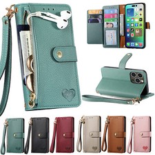 For iPhone 16e 11 12 13 14 15 16 Pro Max Magnetic Leather Zipper Wallet Case