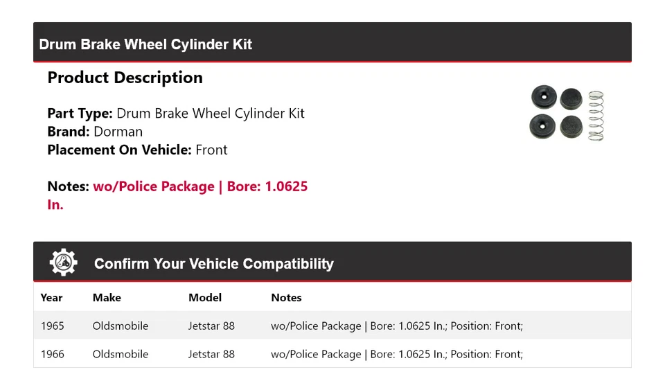 Kit de cilindro de rueda de freno de tambor delantero para Oldsmobile Jetstar 88 Dorman 1965-1966 Foto 2 de 3