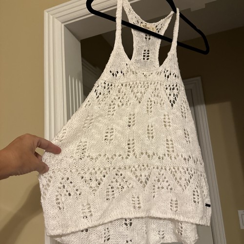 HOLLISTER Tank Top XS White Cotton Crochet Knit Spring Summer Vacay Festival