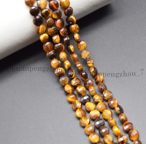 Natural Yellow Tiger's Eye Faceted 6mm Round Flat Button Loose Beads 15'' - Picture 2 of 3