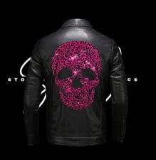 Leather Jacket With Pink Skull Rhinestone Design