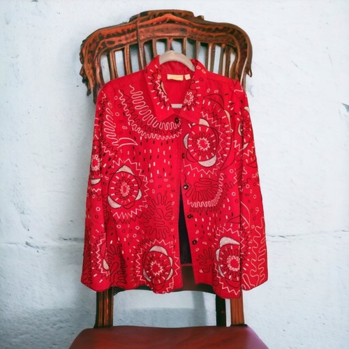 Choices Jacket Women's XL Red Black Silver Embellished Flowers Embroider Lined - Picture 2 of 13