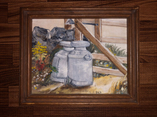 Peinture originale miniature à l'huile à bord, boîtes de lait signées « Deb » - Photo 1/3