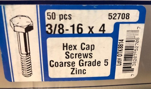 3/8"-16 x 4" Coarse Grade 5 Hex Cap Screw Zinc (Bolt) - Midwest - New box of 50