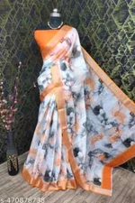 New Linen Cotton Sari With Unstitched Blouse Piece Party Wedding Wear For Women