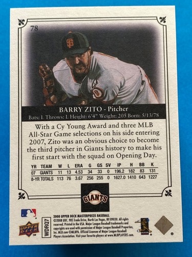 2008 Upper Deck Masterpieces Barry Zito #78 San Francisco Giants - Picture 2 of 2