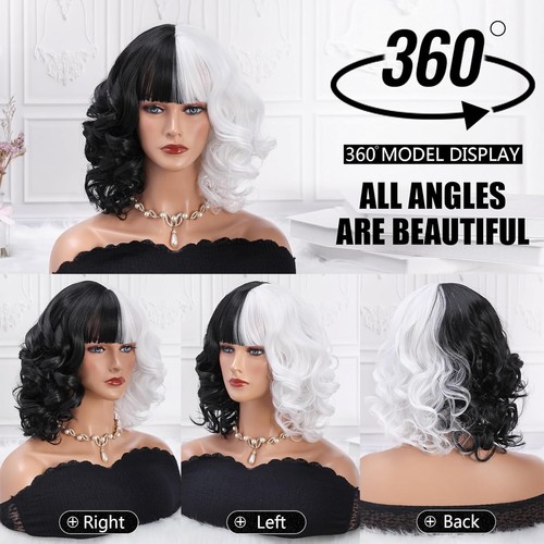 JUZIVIEE 12" Black White Curly Wig short bang bob costume cosplay girl party act - Picture 8 of 24