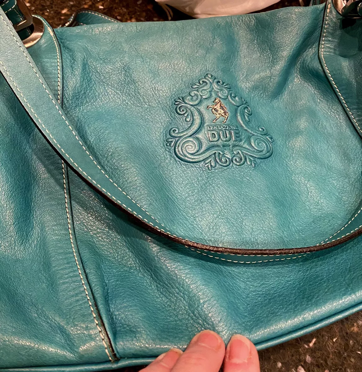 Italian Tentazione DUE Teal Turquoise Soft Leather Handbag Purse W Dust  Cover