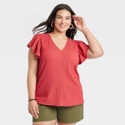 Ava & Viv Flutter Short Sleeve V-Neck T-Shirt Plus Size 2X Textured Dark Rose