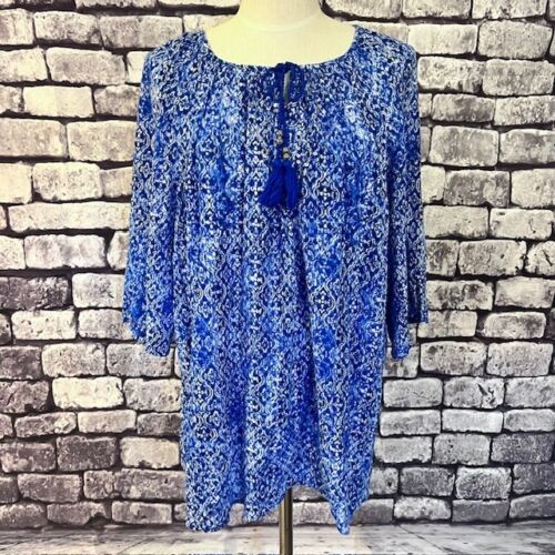 Catherines Blue & White Short Sleeve Blouse Size 1X 100% Cotton