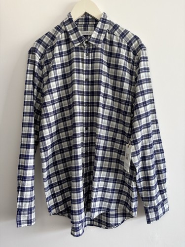 ASSEMBLY LABEL camicia uomo taglia XXL manica lunga flanella blu/bianco a quadri nuova con etichetta
