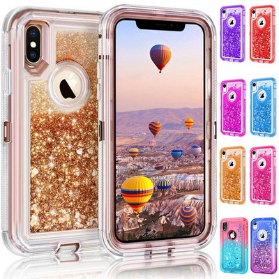 For iPhone X XR XS Max Hard Case Liquid Glitter Shockproof Protective Case Cover