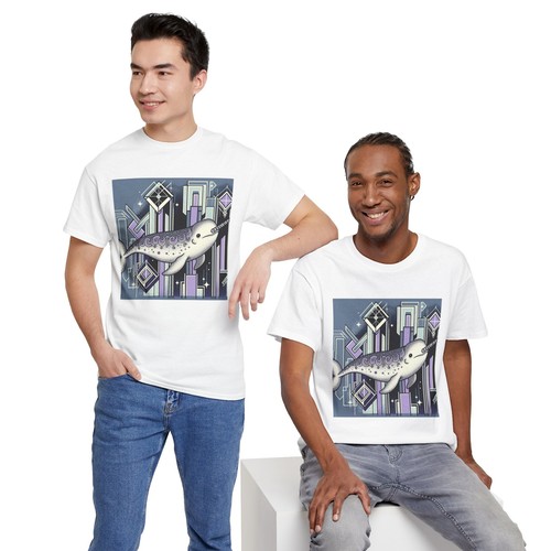Unisex Adult T Shirt Art Deco Narwhal Geometric Vintage Style Tee Whale Nature - Picture 22 of 23