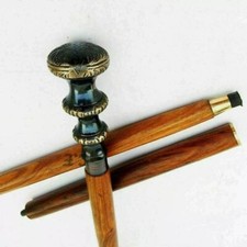 Vintage Wooden Walking Stick with Ornate Brass Handle   3-Part Handmade Cane for