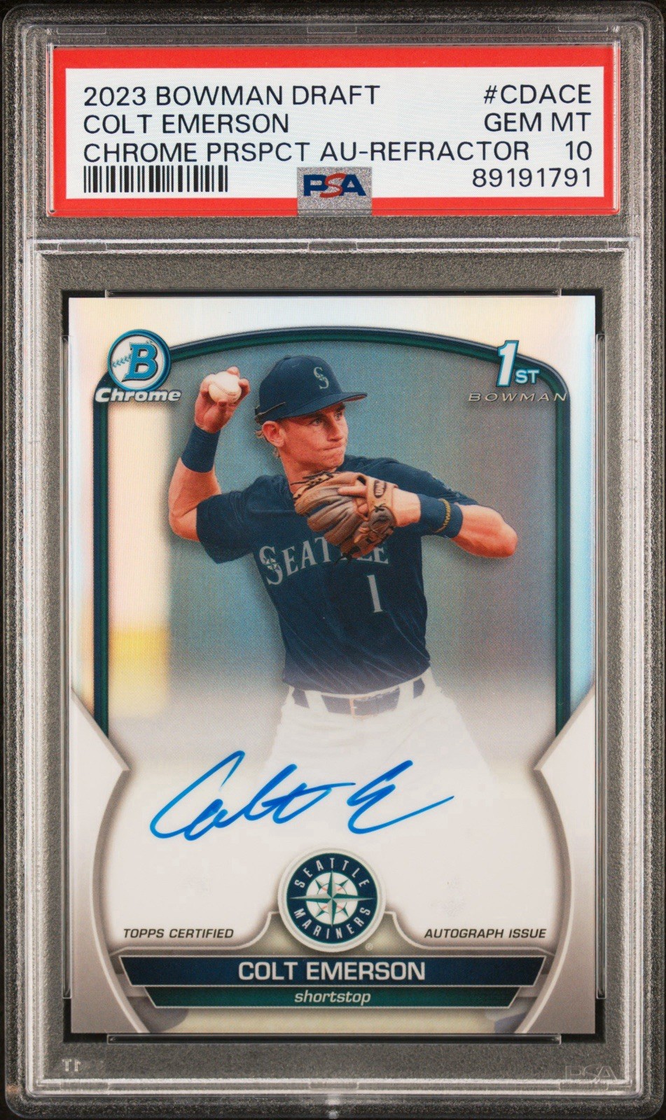 Colt Emerson 2023 Bowman Chrome Draft 1st Refractor /499 Auto PSA 10 Mariners 🔥