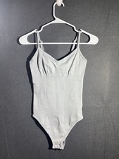 OQQ Women  s S Gray Ribbed Bodysuit Spaghetti Strap Snap Button Closure