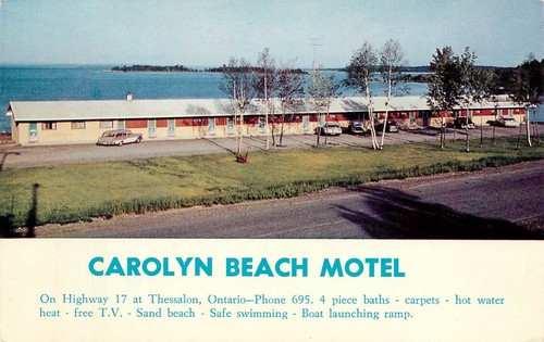 Cartolina d'epoca Carolyn Beach Motel Thessalon Ontario Lago Huron - Foto 1 di 2