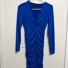 GUESS Women's XS Blue Ruched V-Neck Long Sleeve Bodycon Mini Polyester Knit