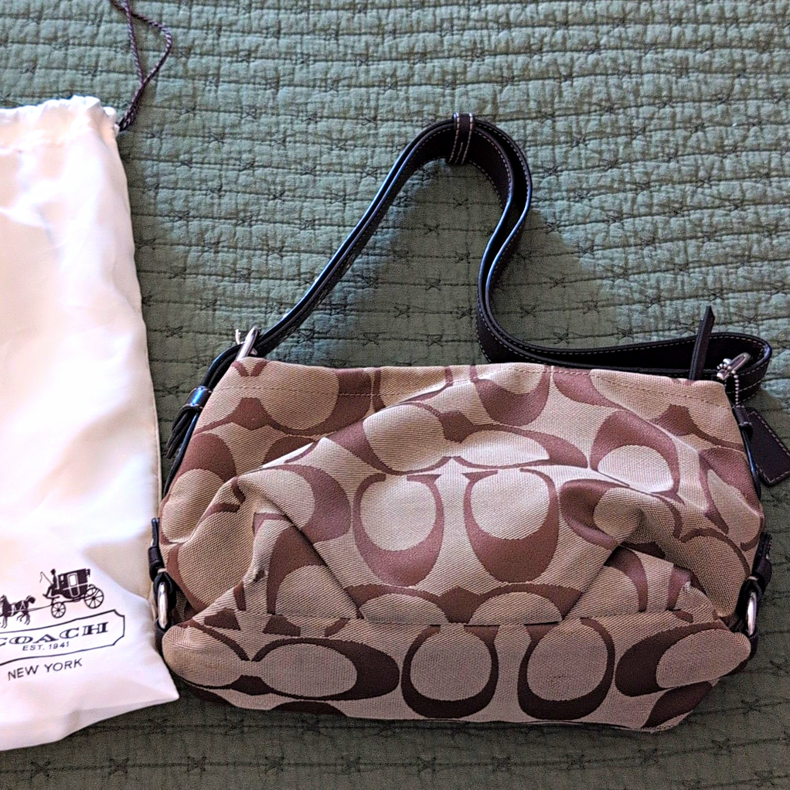 Coach Signature Beige/Brown Small Shoulder Bag Zip Closure w/ Dust Bag