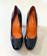 Via Spiga Black Patent Leather Platform Block Heel Round Toe Slip-On Pumps 8M