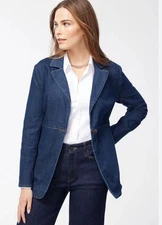 Chicos Denim Blazer Jacket Button Closure, Back Slit, Pockets Dk Blue Sz 1.5 (S)